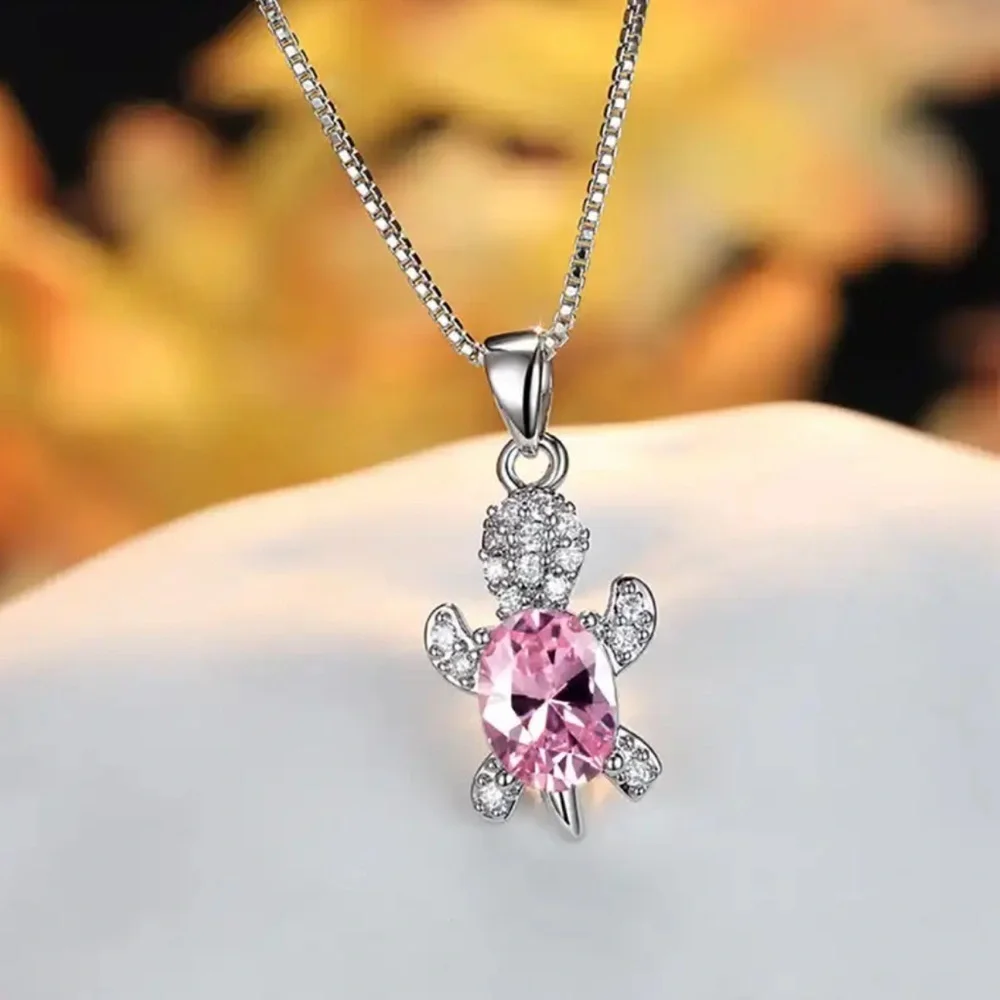 “Just Keep Swimming” Pink Gemstone Turtle Diamond Sterling Silver Gift Necklace - Picture 12 of 12